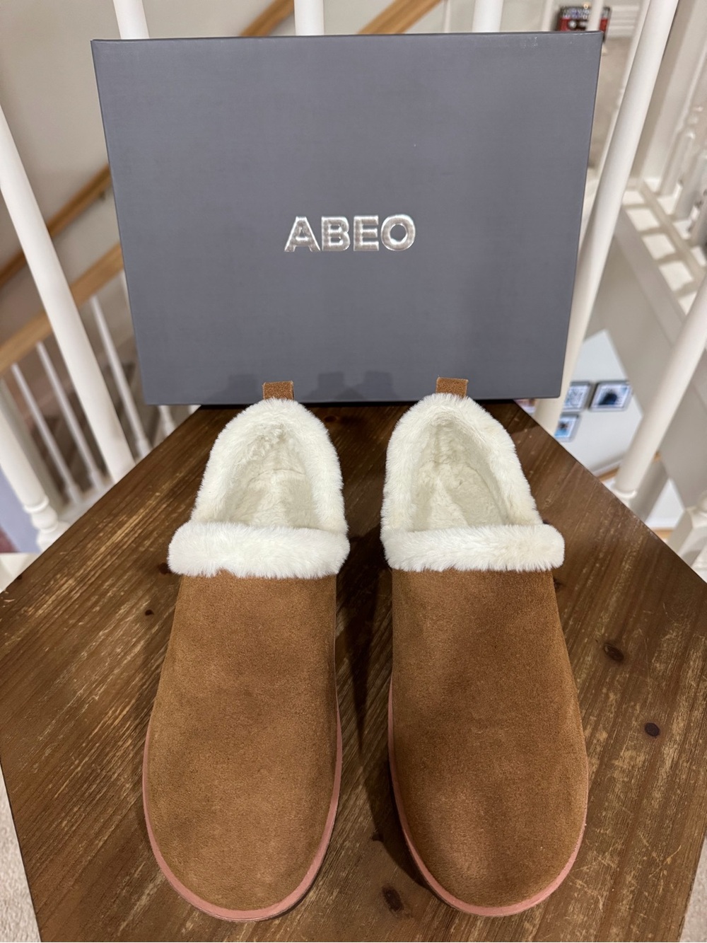 Abeo Chestnut Brown Suede Slip-On Slippers with Cream Faux Fur